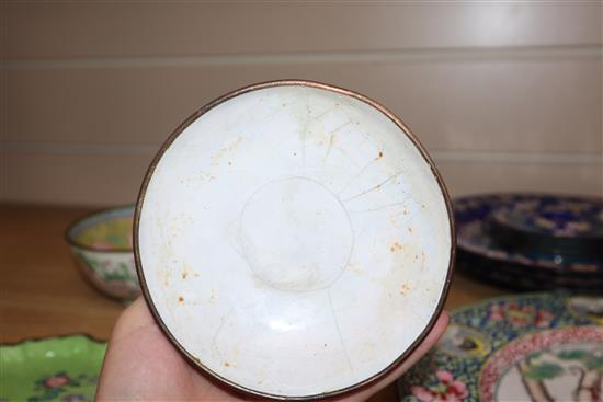 A Chinese Canton enamel brushwasher, two bowls and cover, four plates and three stands, 19th/20th century